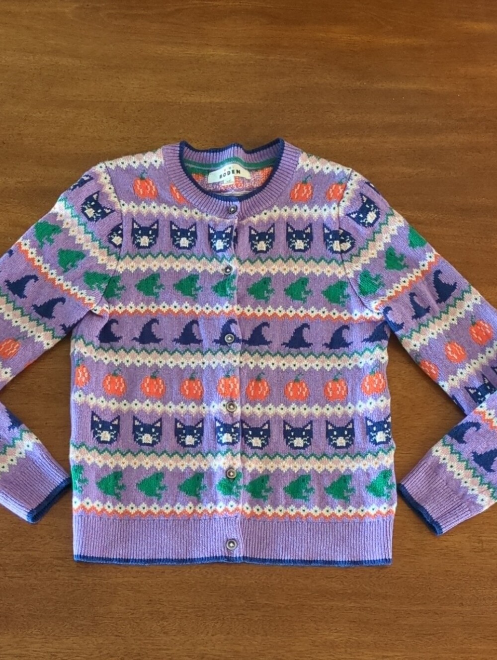 Mini Boden Purple Fair Isle Cardigan with Pumpkins and Cats